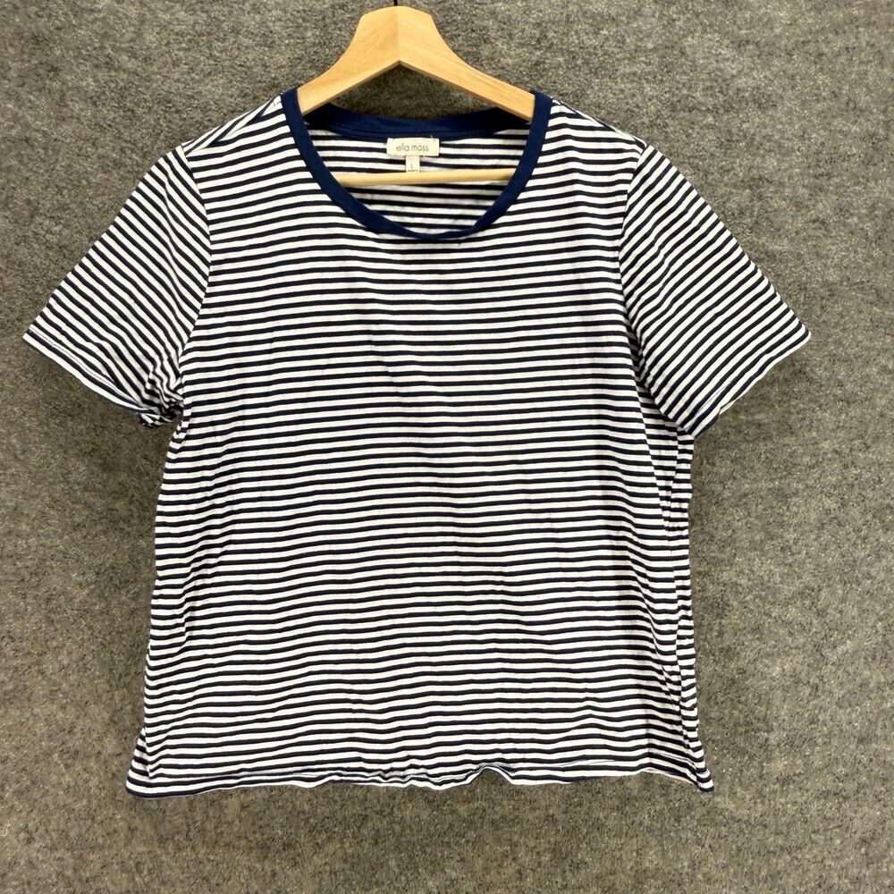 Ella Moss T-Shirt Women L Large Blue Striped Short Sleeve Round Neck Casual